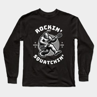 Bigfoot Playing Guitar Funny Sasquatch Rockin and Squatchin Long Sleeve T-Shirt